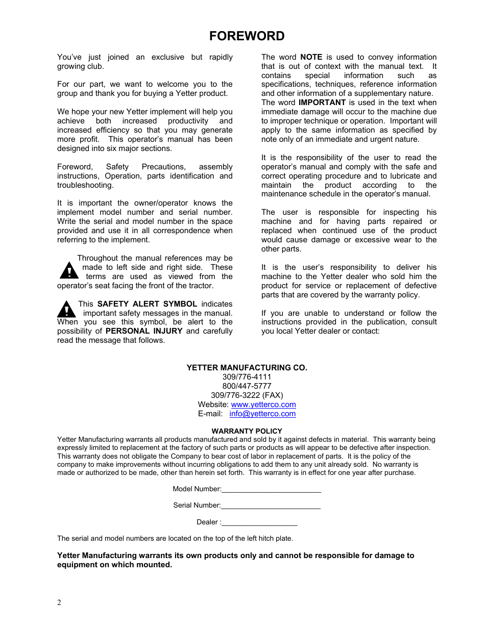 Foreword | Yetter 2967-051 Residue Manager Attachment for John Deere MaxEmerge2 Unit Mounted Coulter User Manual | Page 2 / 20