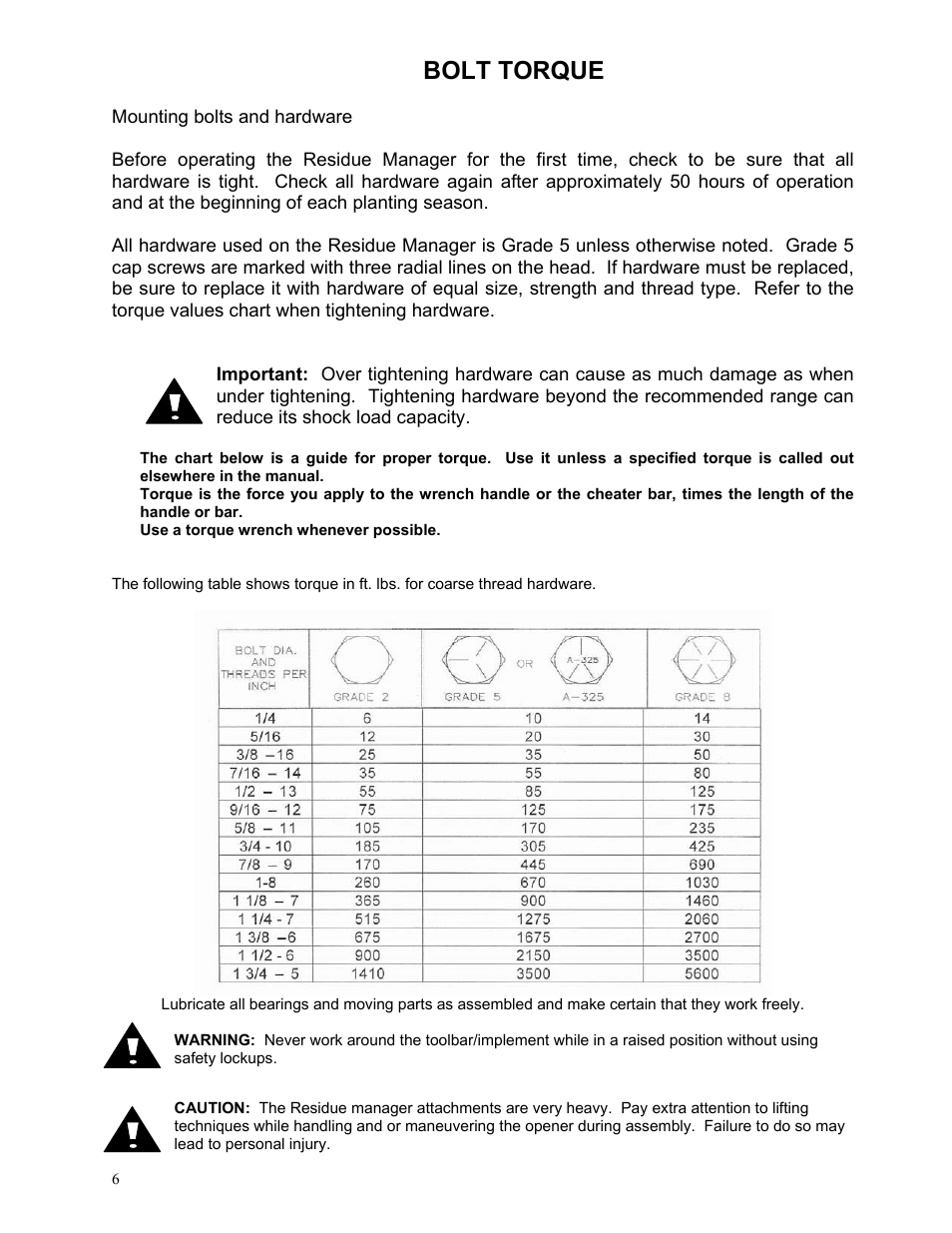 Bolt torque | Yetter 2967-051 Residue Manager Attachment for John Deere MaxEmerge2 Unit Mounted Coulter User Manual | Page 6 / 20