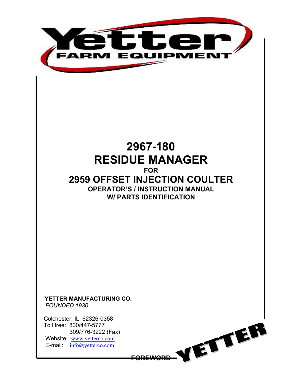 Yetter 2967-180 Residue Manager for 2959 Offset Injection Coulter User Manual | 20 pages