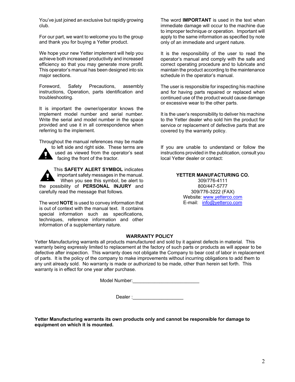 Yetter 2967-180 Residue Manager for 2959 Offset Injection Coulter User Manual | Page 2 / 20