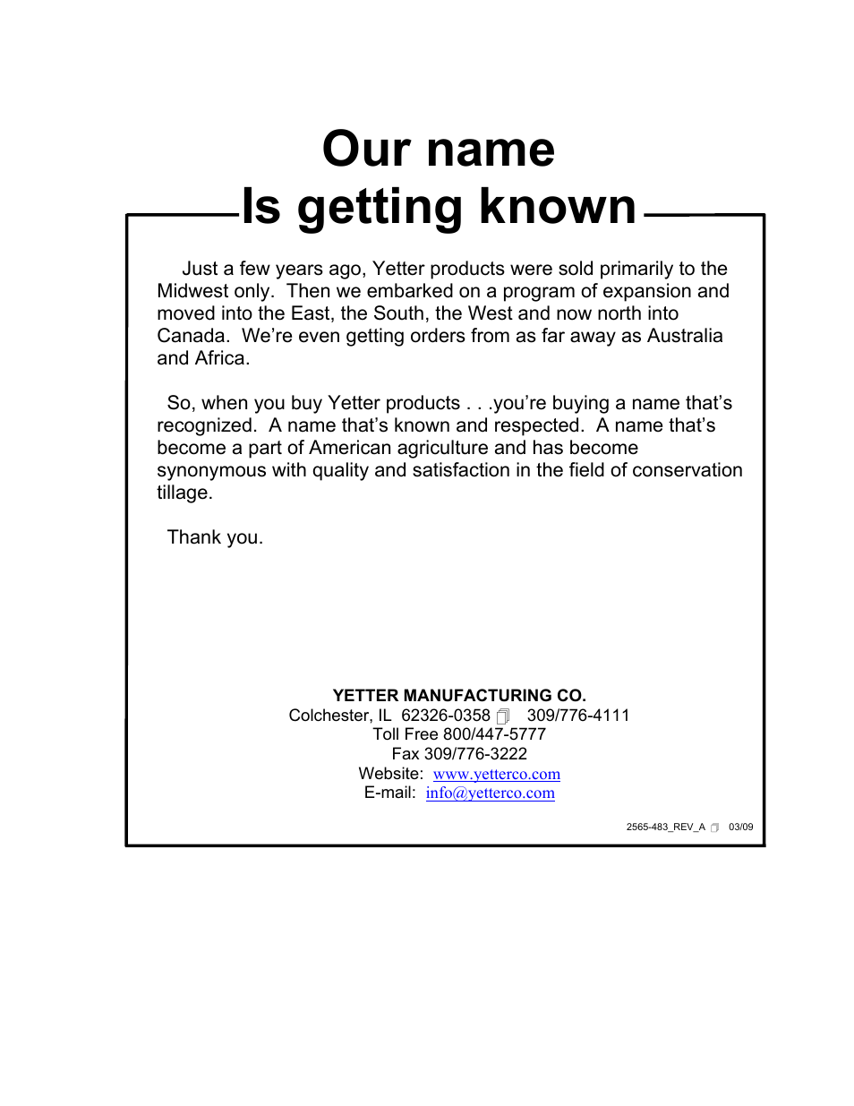 Our name is getting known | Yetter 2967-180 Residue Manager for 2959 Offset Injection Coulter User Manual | Page 20 / 20