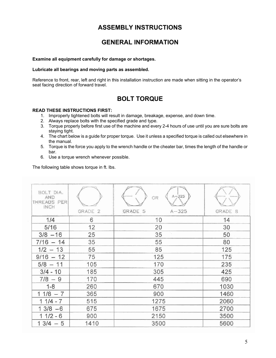 Assembly instructions general information, Bolt torque | Yetter 2967-180 Residue Manager for 2959 Offset Injection Coulter User Manual | Page 5 / 20