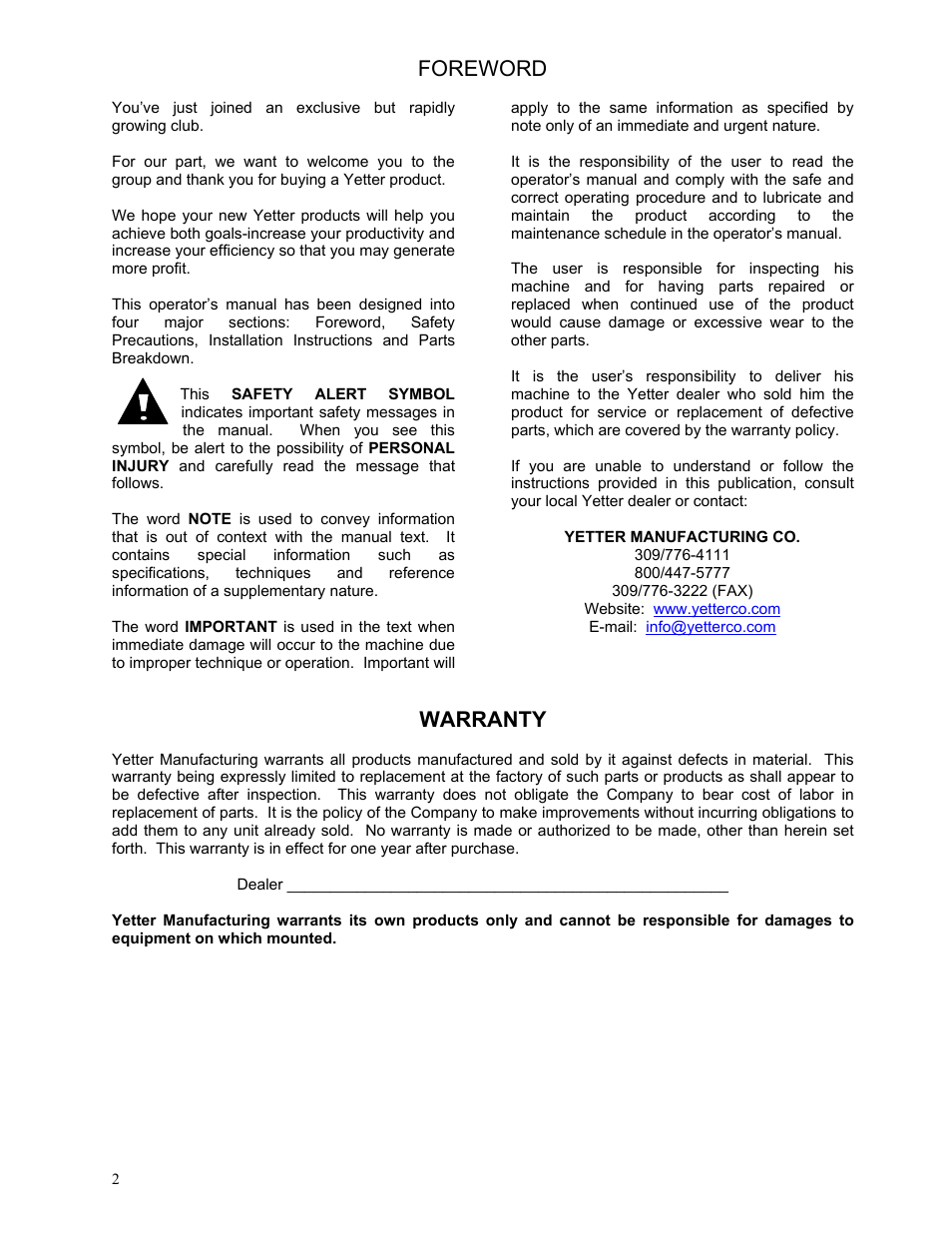 Foreword, Warranty | Yetter 2967-188 Quick Adjust Kit For 2967-015 Residue Manager User Manual | Page 2 / 12