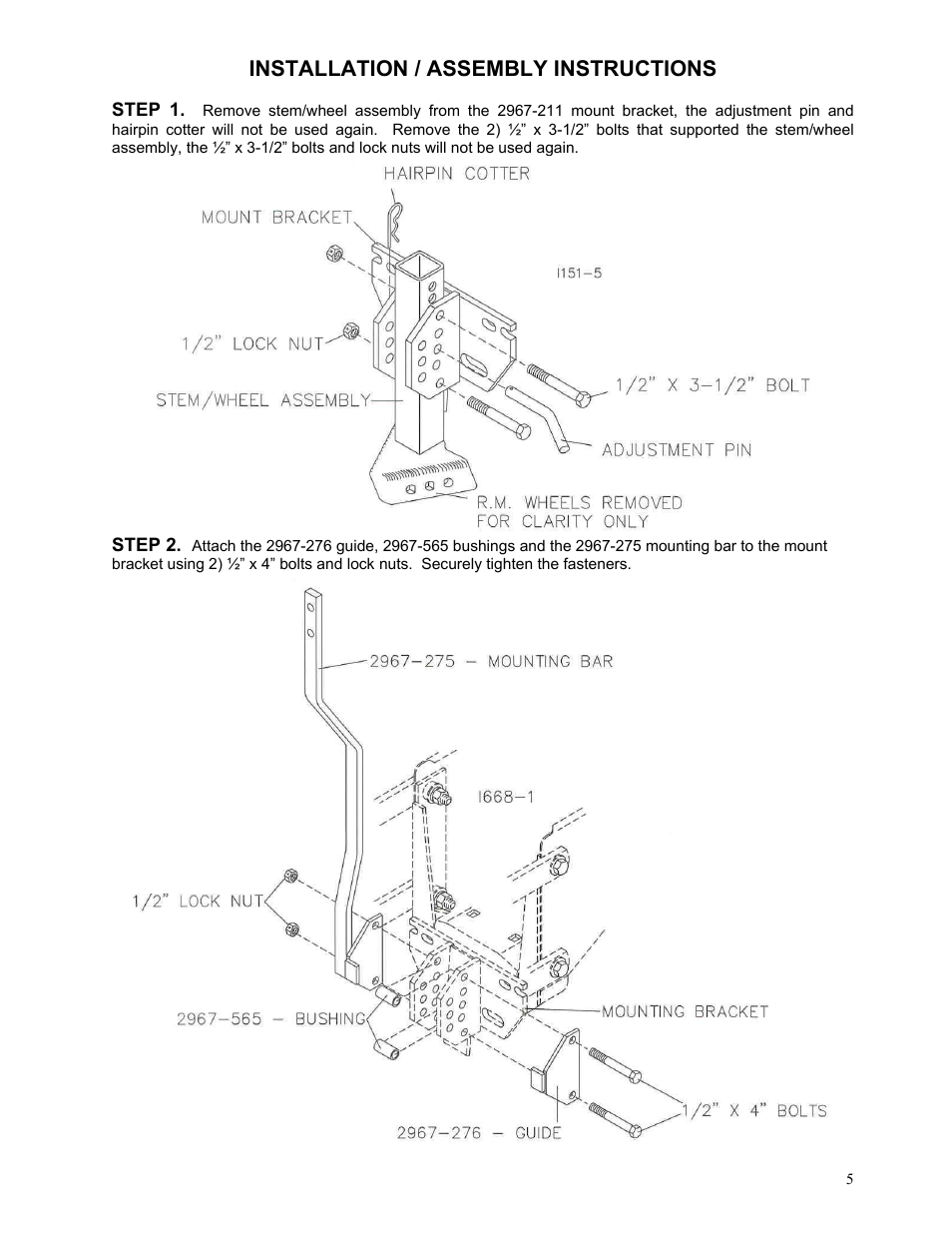 Installation / assembly instructions | Yetter 2967-188 Quick Adjust Kit For 2967-015 Residue Manager User Manual | Page 5 / 12