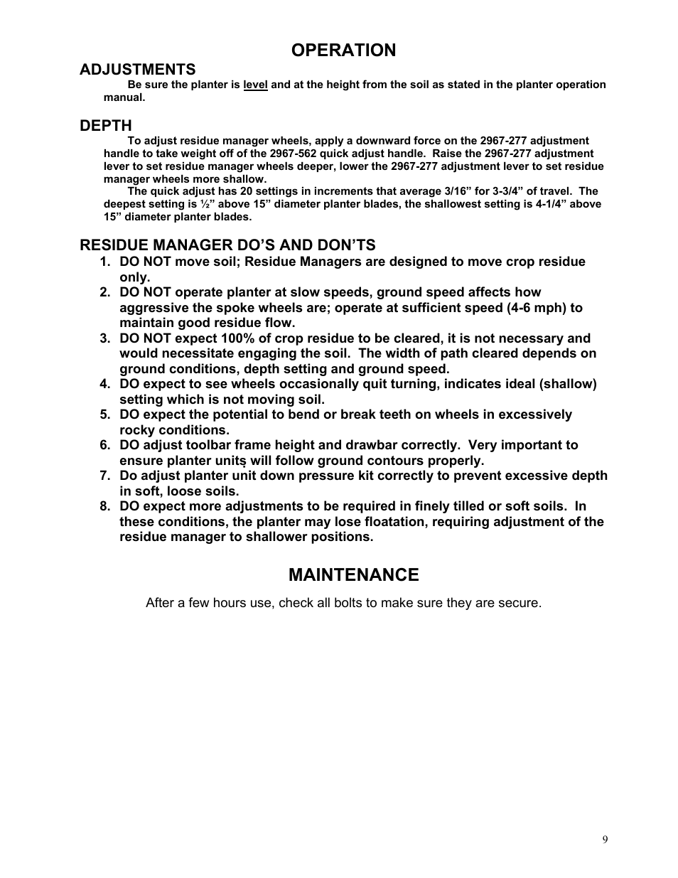 Operation, Maintenance | Yetter 2967-188 Quick Adjust Kit For 2967-015 Residue Manager User Manual | Page 9 / 12