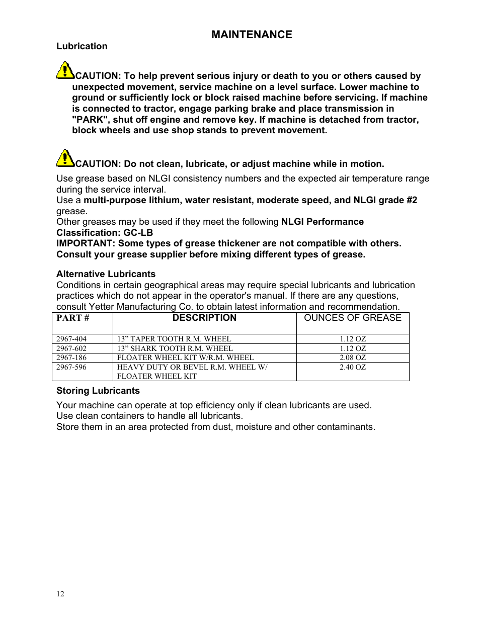 Maintenance | Yetter 2968 Fertilizer Combination Unit User Manual | Page 12 / 24