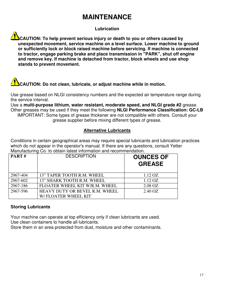 Maintenance, Ounces of grease | Yetter 2968 Row Unit Mid-mount Fertilizer Injection Opener User Manual | Page 17 / 24