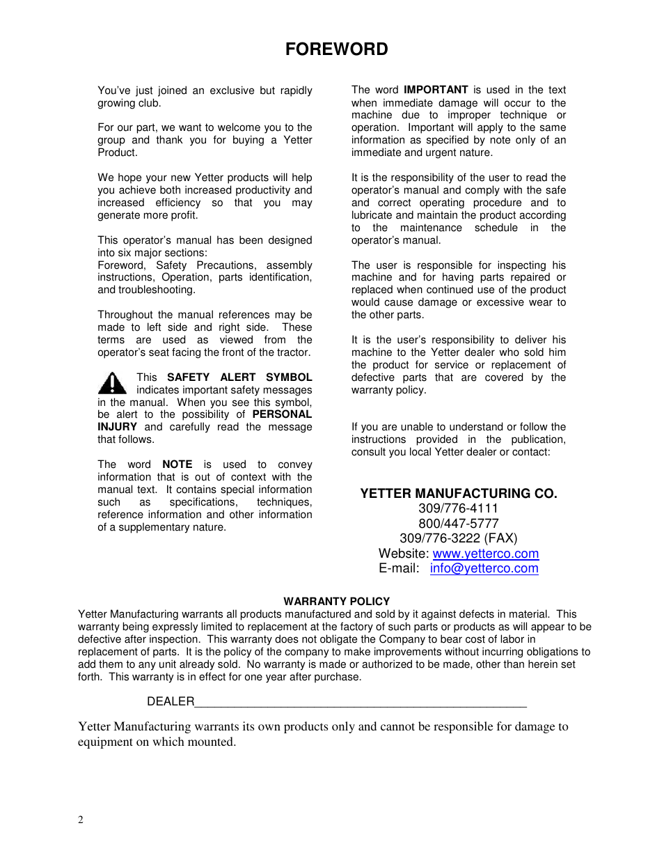 Foreword | Yetter 2968 Row Unit Mid-mount Fertilizer Injection Opener User Manual | Page 2 / 24