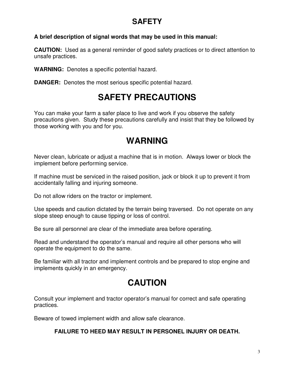Safety precautions, Warning, Caution | Yetter 2968 Row Unit Mid-mount Fertilizer Injection Opener User Manual | Page 3 / 24