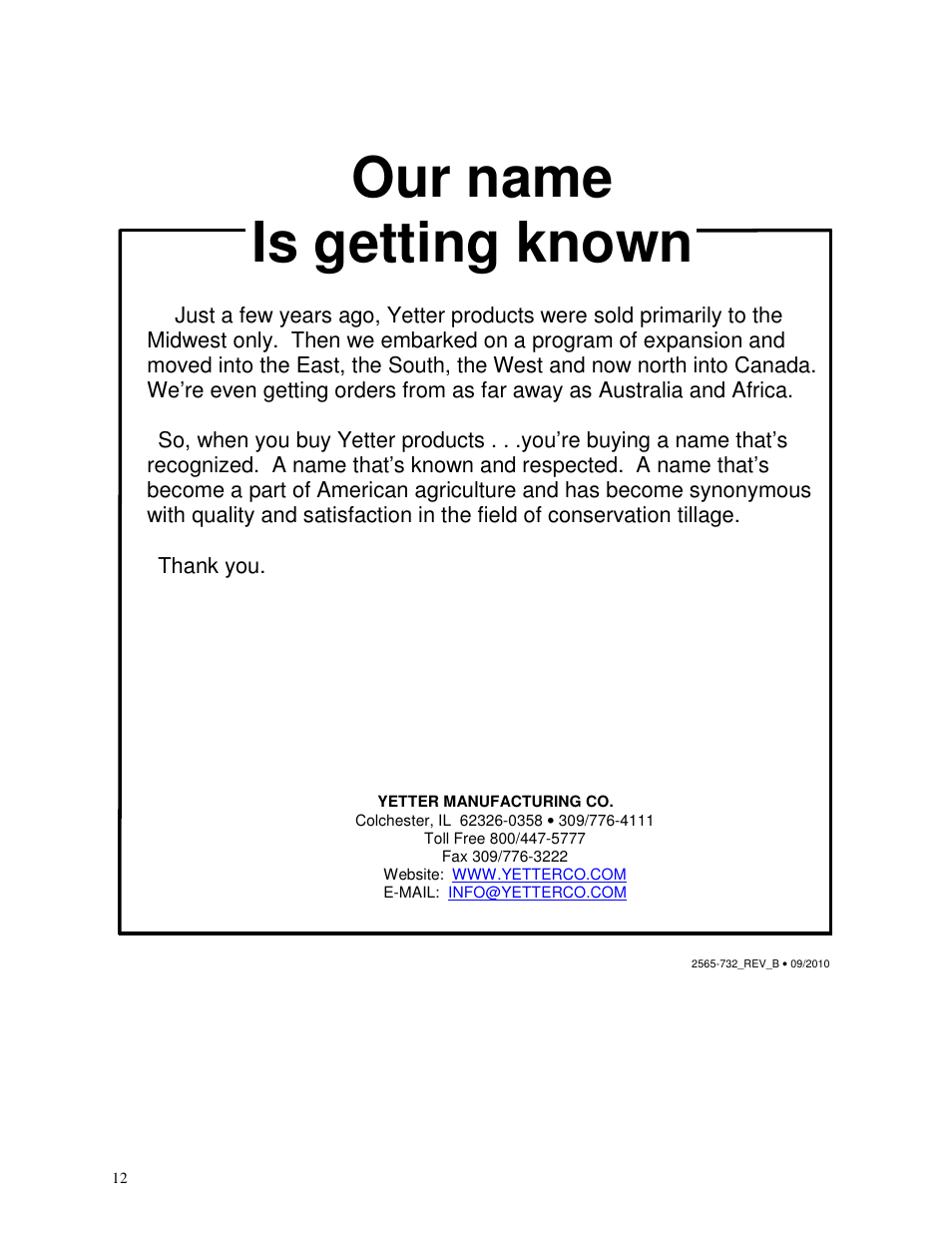 Our name is getting known | Yetter 2982-001 V.T.A. User Manual | Page 12 / 12