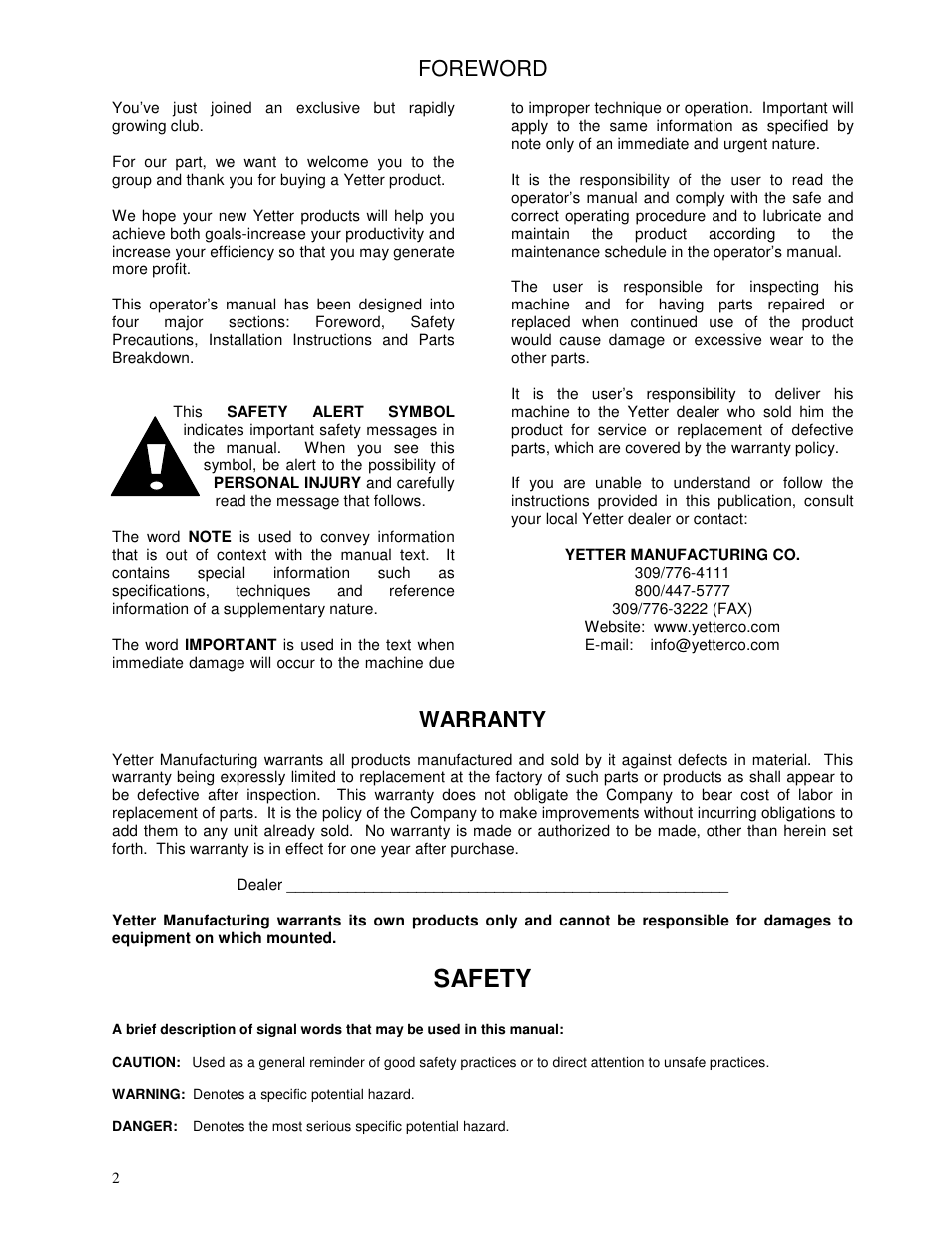 Safety, Foreword, Warranty | Yetter 2982-001 V.T.A. User Manual | Page 2 / 12