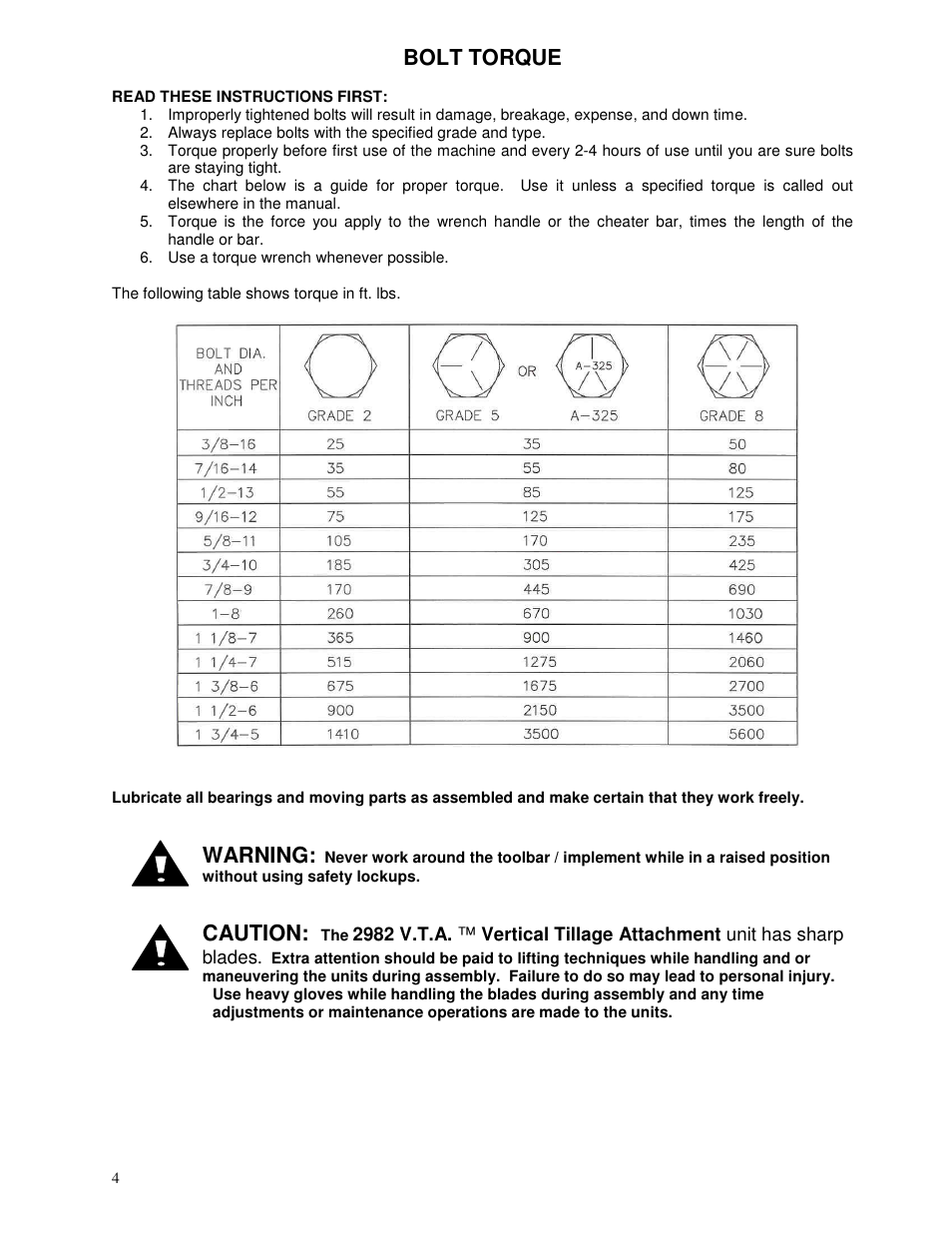 Bolt torque, Warning, Caution | Yetter 2982-001 V.T.A. User Manual | Page 4 / 12