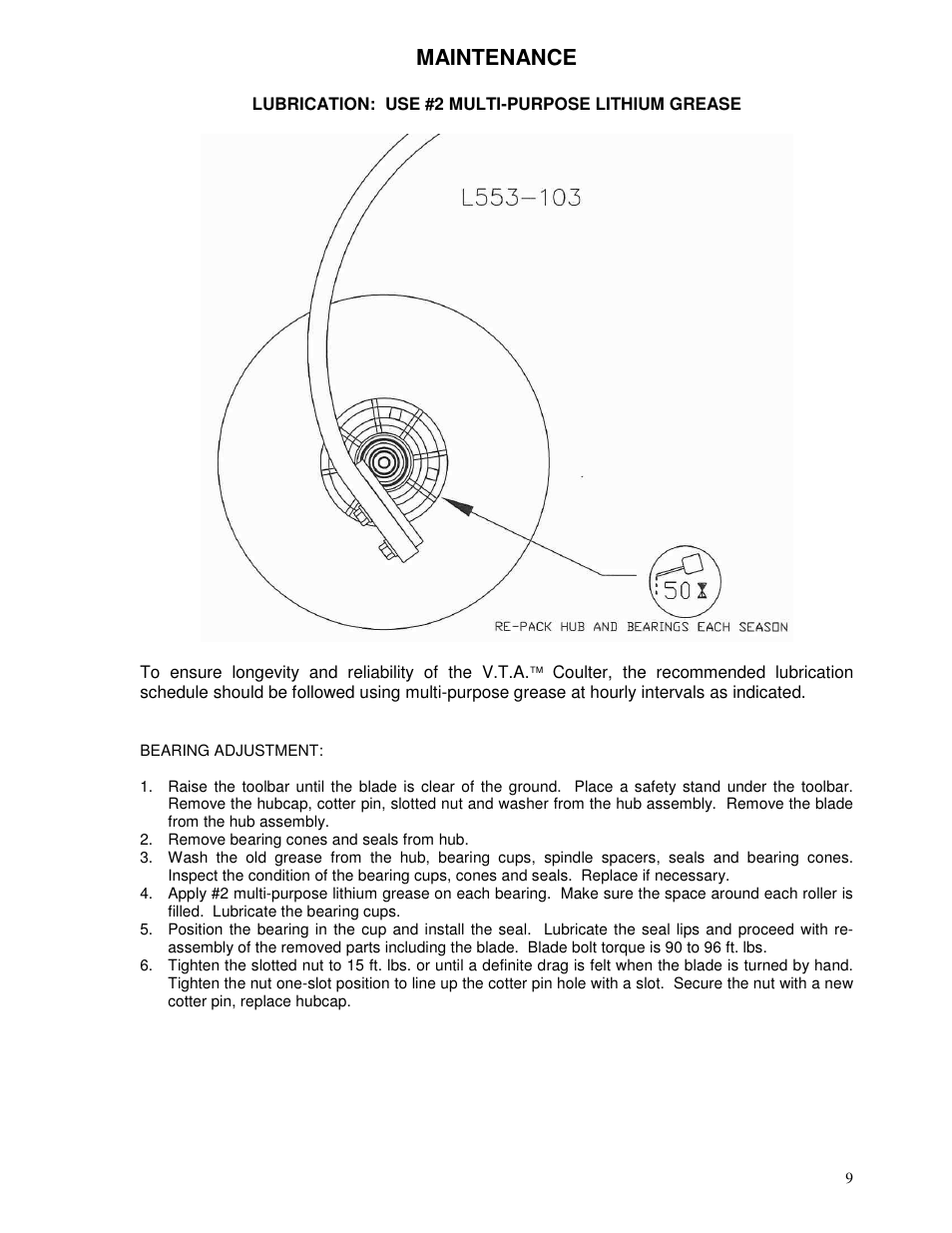 Maintenance | Yetter 2982-001 V.T.A. User Manual | Page 9 / 12