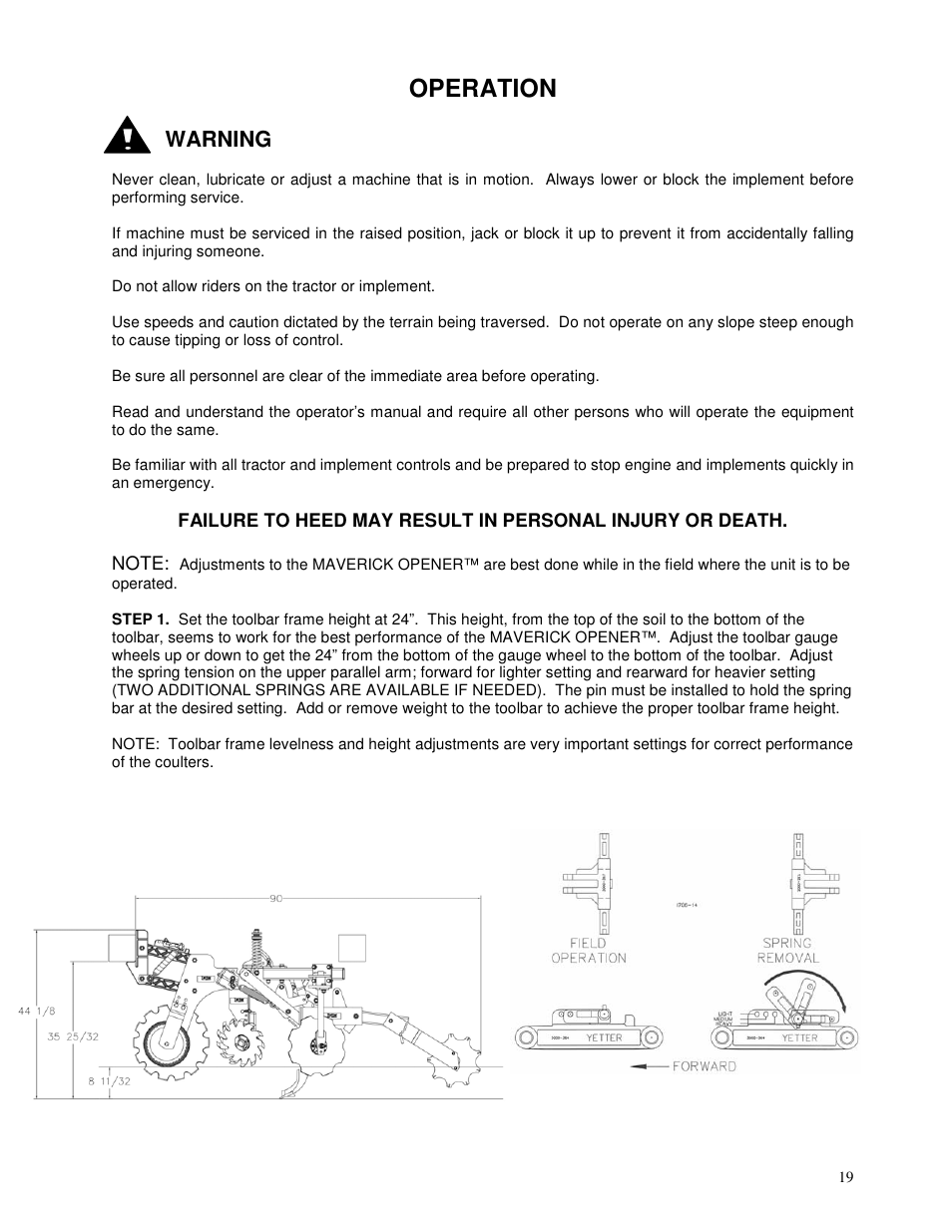 Operation, Warning | Yetter 2984 Series Maverick HR Plus User Manual | Page 19 / 52