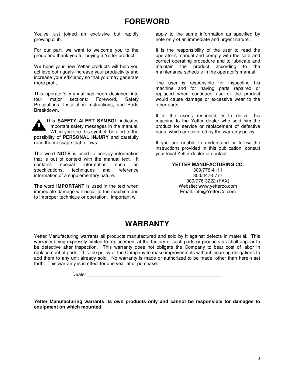 Foreword, Warranty | Yetter 2984 Series Maverick HR Plus User Manual | Page 3 / 52