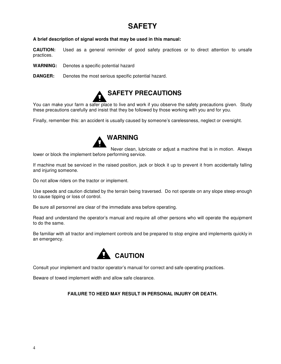 Safety, Safety precautions, Warning | Caution | Yetter 2984 Series Maverick HR Plus User Manual | Page 4 / 52