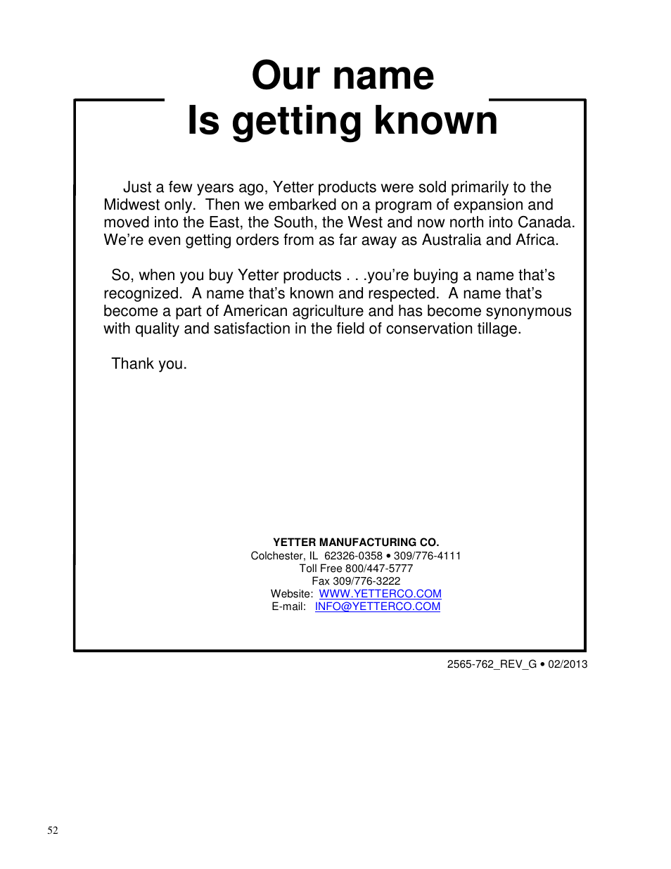 Our name is getting known | Yetter 2984 Series Maverick HR Plus User Manual | Page 52 / 52