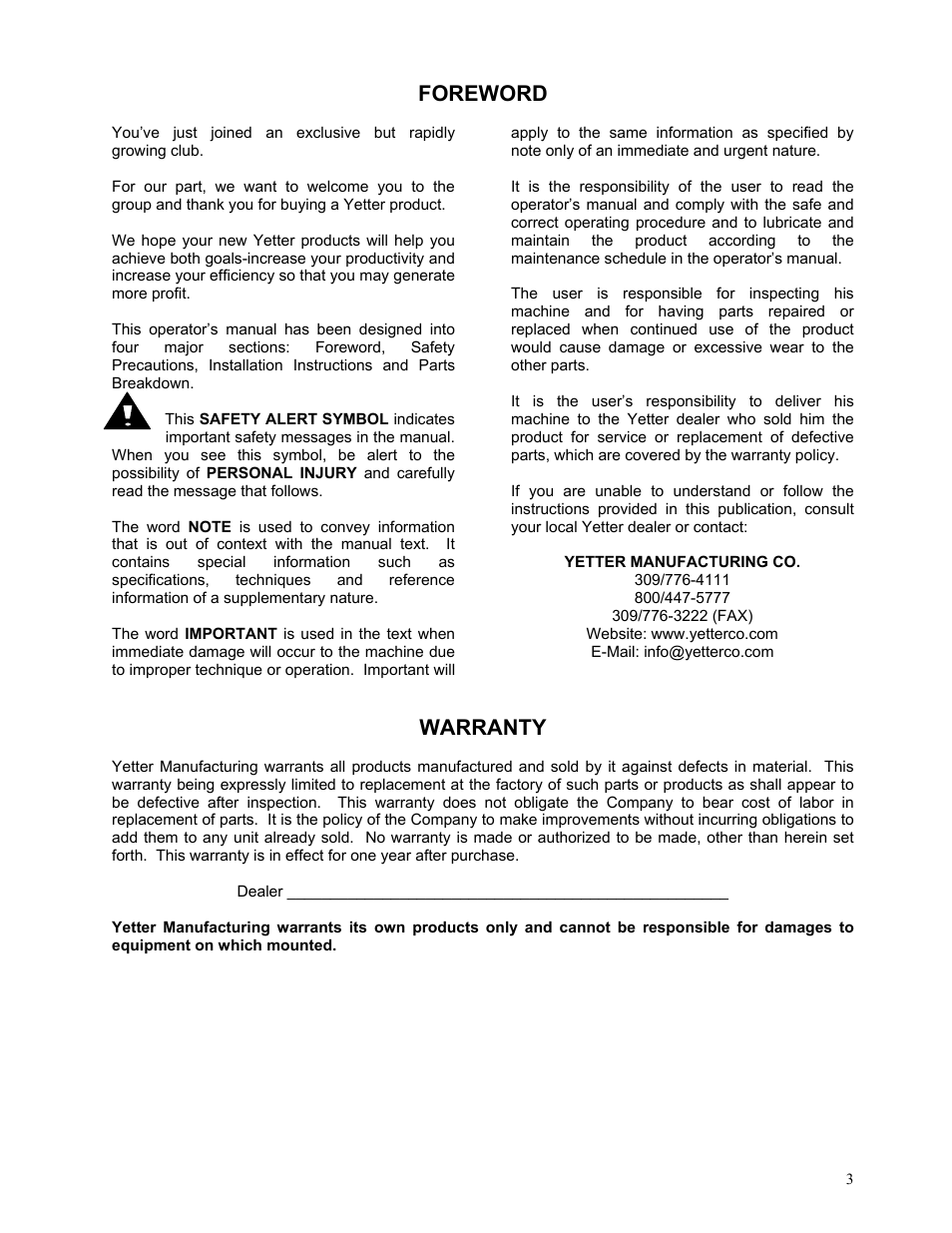 Foreword, Warranty | Yetter 2984 High Residue Maverick Opener User Manual | Page 3 / 40