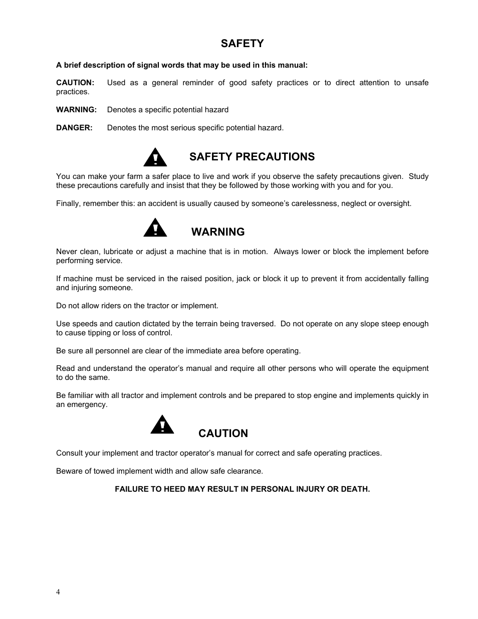 Safety, Safety precautions, Warning | Caution | Yetter 2984 High Residue Maverick Opener User Manual | Page 4 / 40