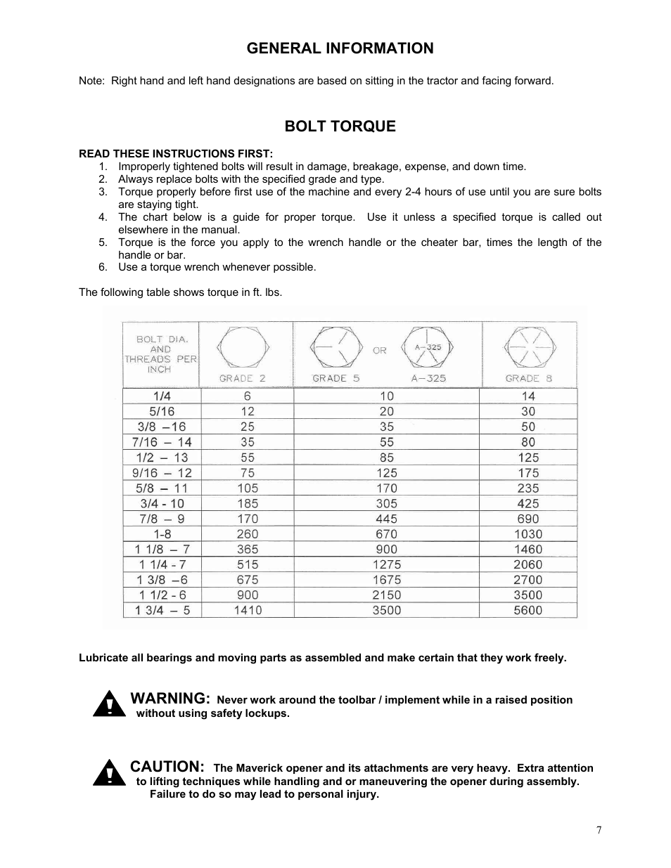 General information, Bolt torque, Warning | Caution | Yetter 2984 High Residue Maverick Opener User Manual | Page 7 / 40