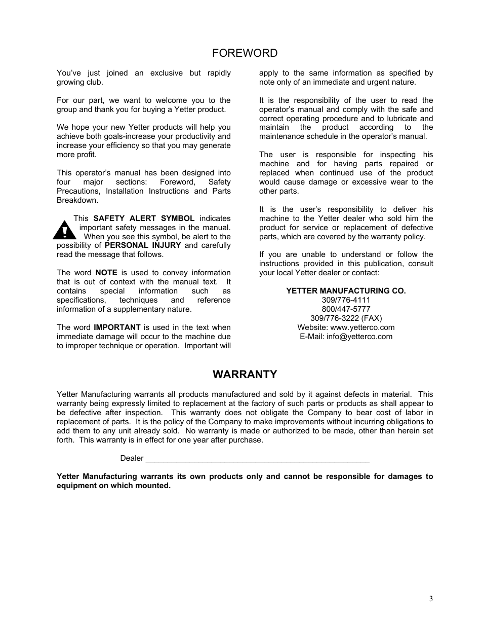 Foreword, Warranty | Yetter 2984 Series Generation II Maverick Opener User Manual | Page 3 / 56