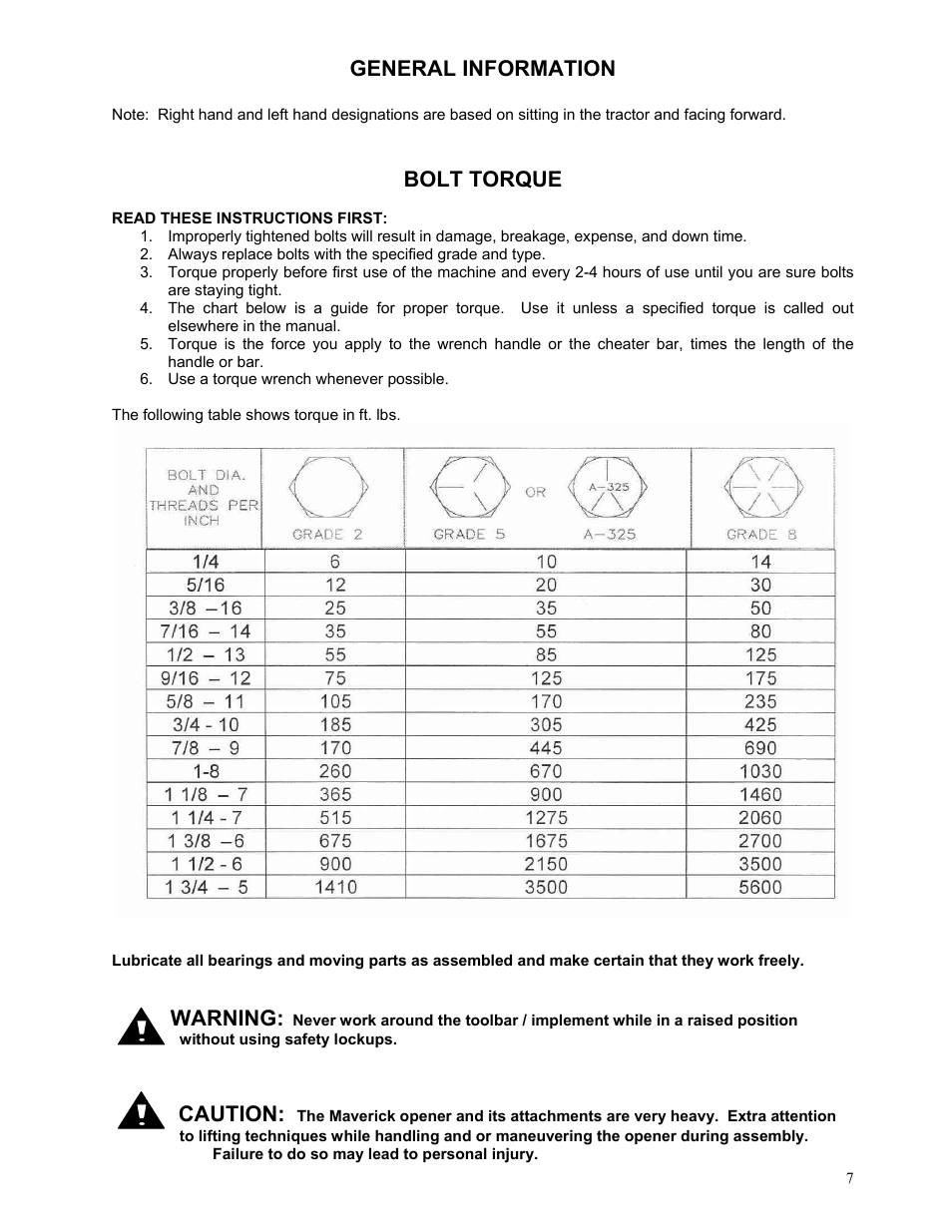 General information, Bolt torque, Warning | Caution | Yetter 2984 Series Generation II Maverick Opener User Manual | Page 7 / 56