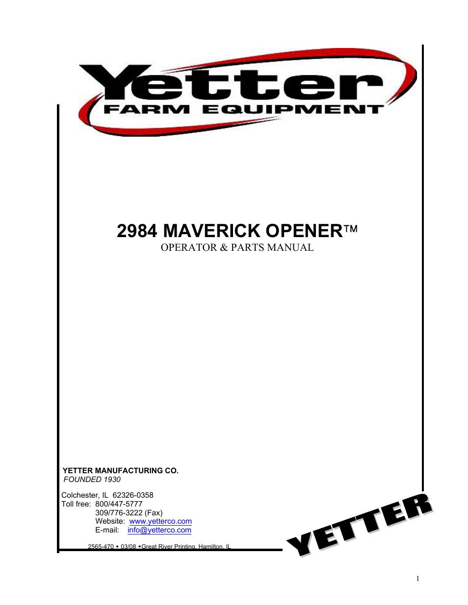 Yetter 2984 Maverick Opener User Manual | 12 pages