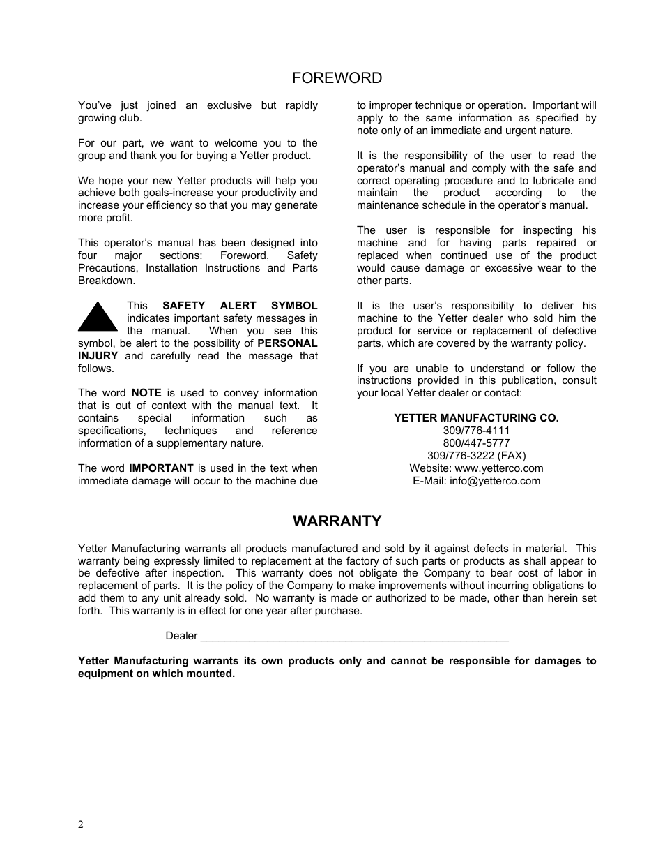Foreword, Warranty | Yetter 2984 Maverick Opener User Manual | Page 2 / 12