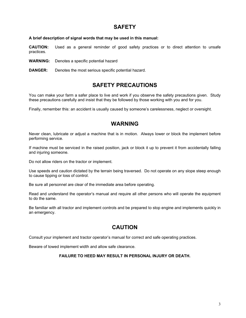 Safety, Safety precautions, Warning | Caution | Yetter 2984 Maverick Opener User Manual | Page 3 / 12