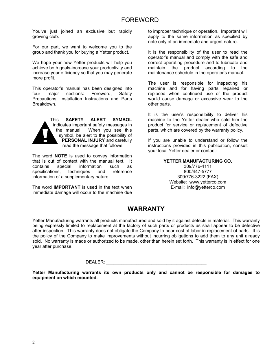 Foreword, Warranty | Yetter 2984-027 Rolling Basket Attachment User Manual | Page 2 / 16