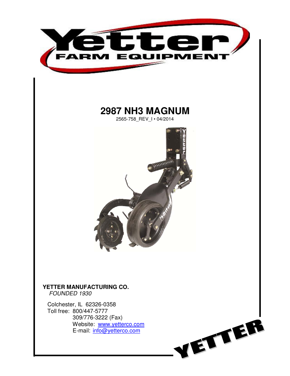 Yetter 2987 NH3 Magnum User Manual | 36 pages