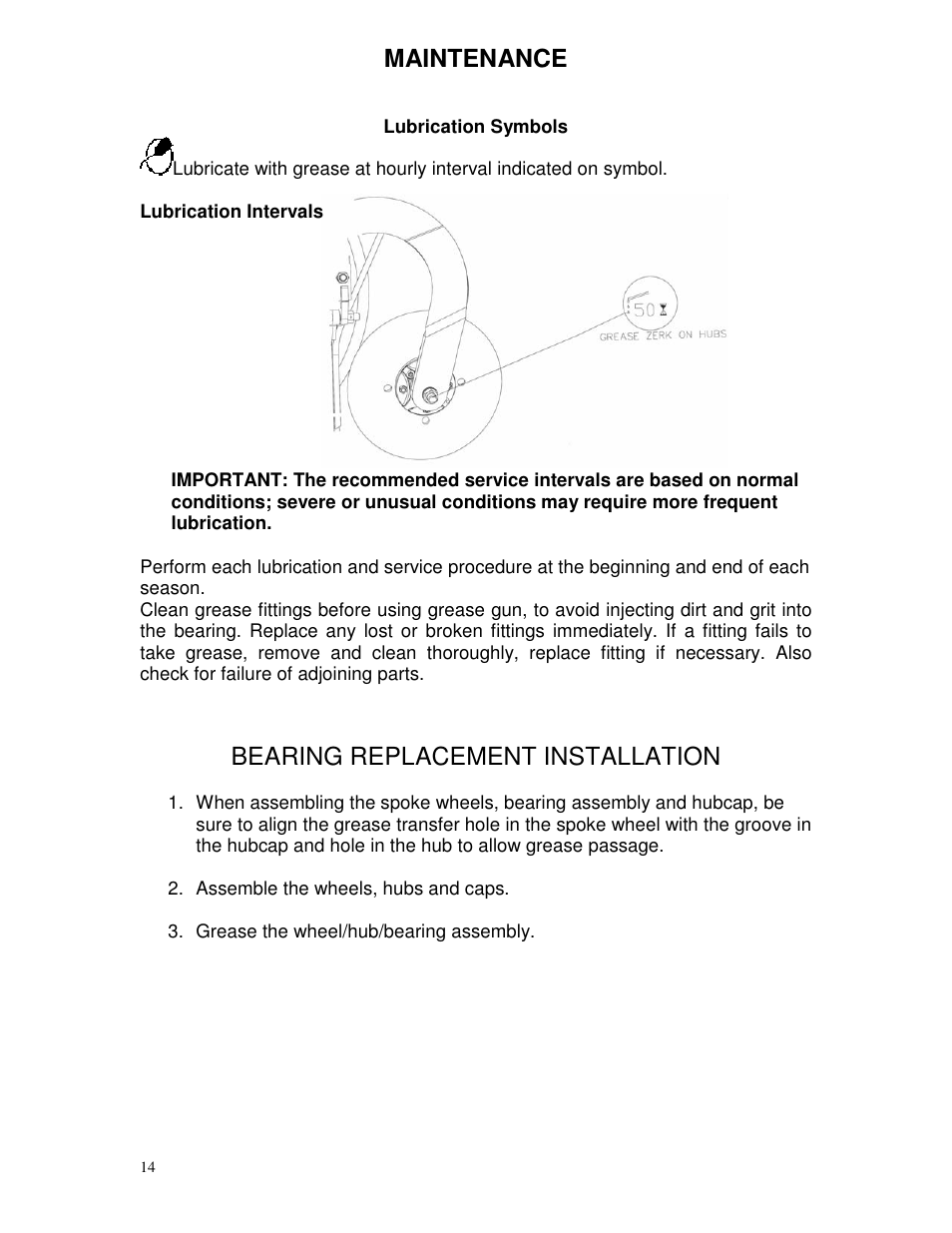 Maintenance, Bearing replacement installation | Yetter 2987 NH3 Magnum User Manual | Page 14 / 36