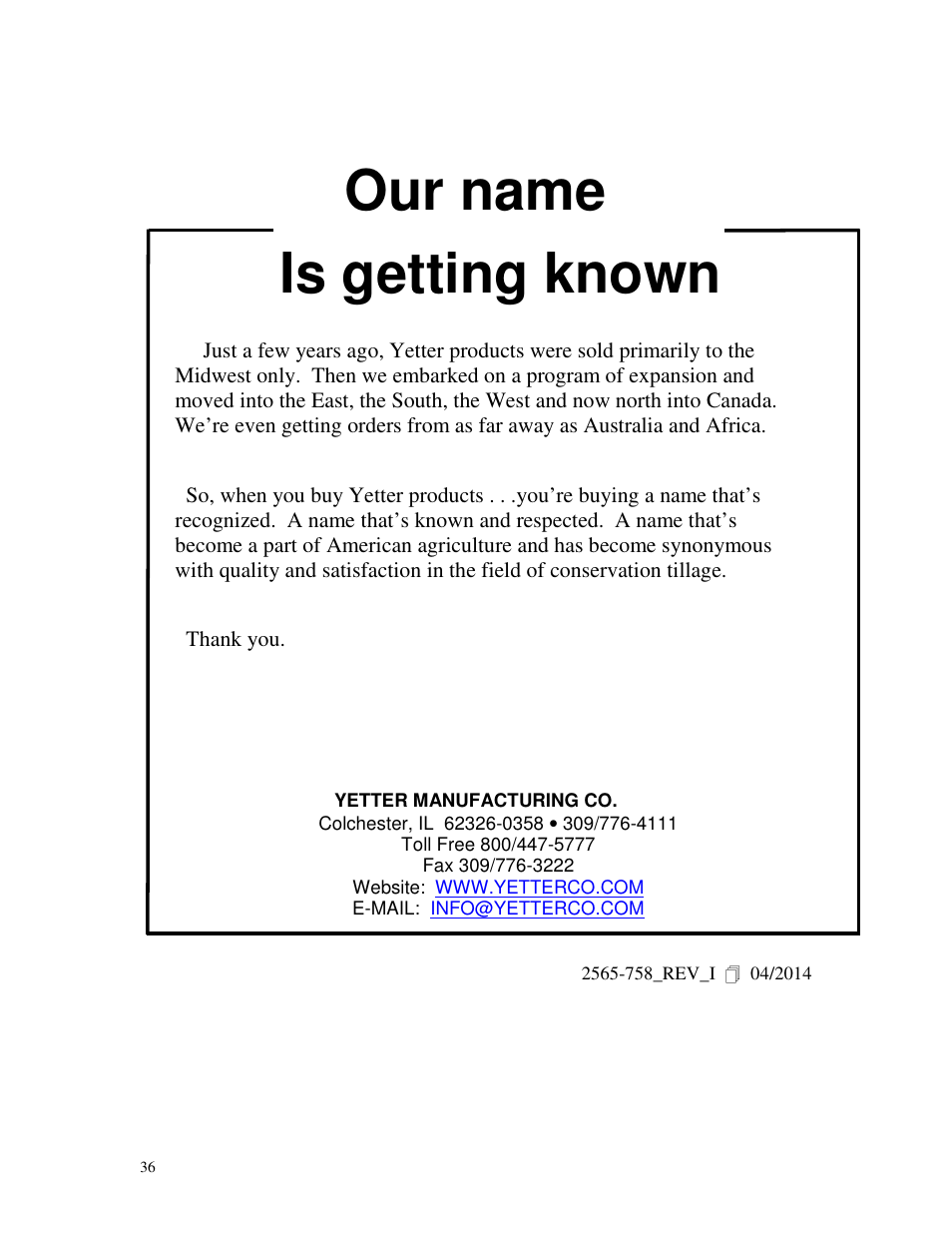 Our name is getting known | Yetter 2987 NH3 Magnum User Manual | Page 36 / 36