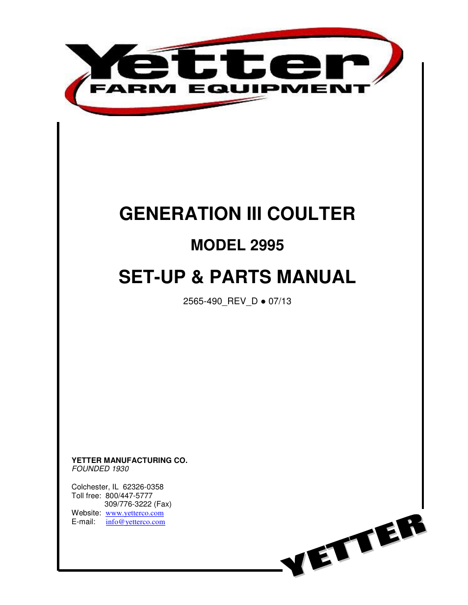 Yetter 2995 Generation III Coulter User Manual | 24 pages