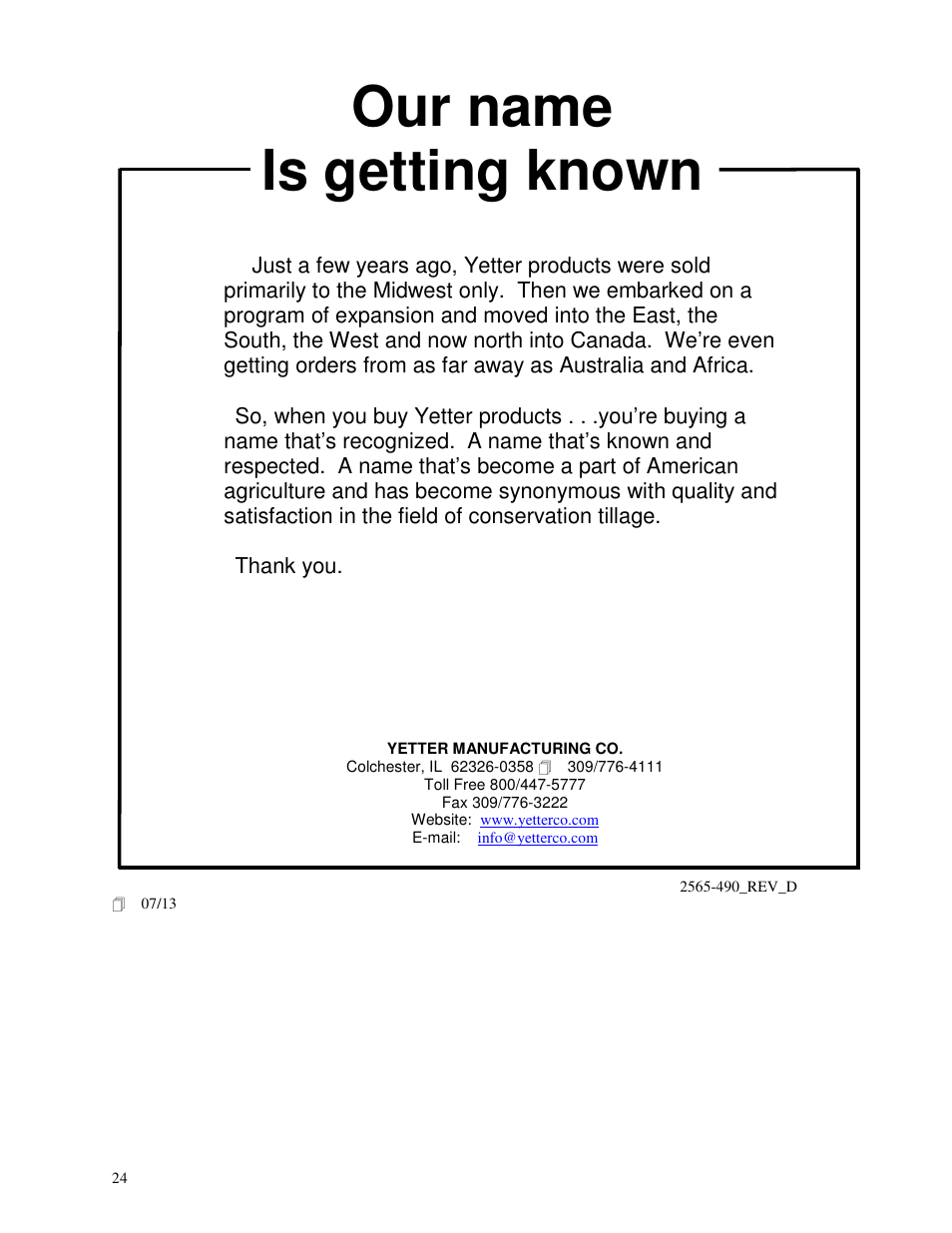 Our name is getting known | Yetter 2995 Generation III Coulter User Manual | Page 24 / 24