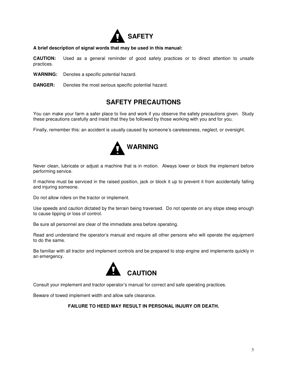 Safety, Safety precautions, Warning | Caution | Yetter 2995 Generation III Coulter User Manual | Page 3 / 24