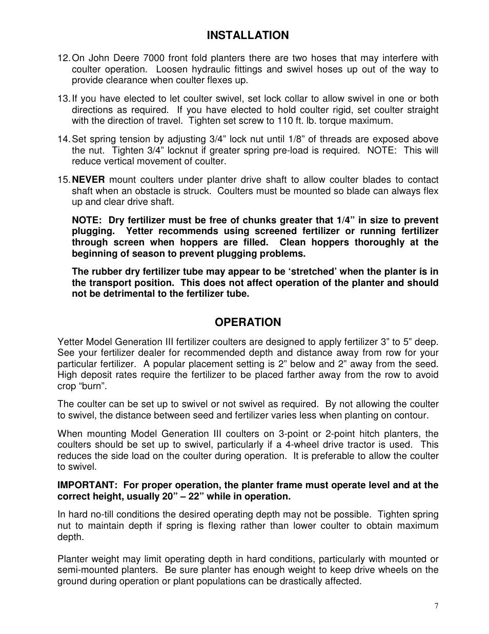Installation, Operation | Yetter 2995 Generation III Coulter User Manual | Page 7 / 24