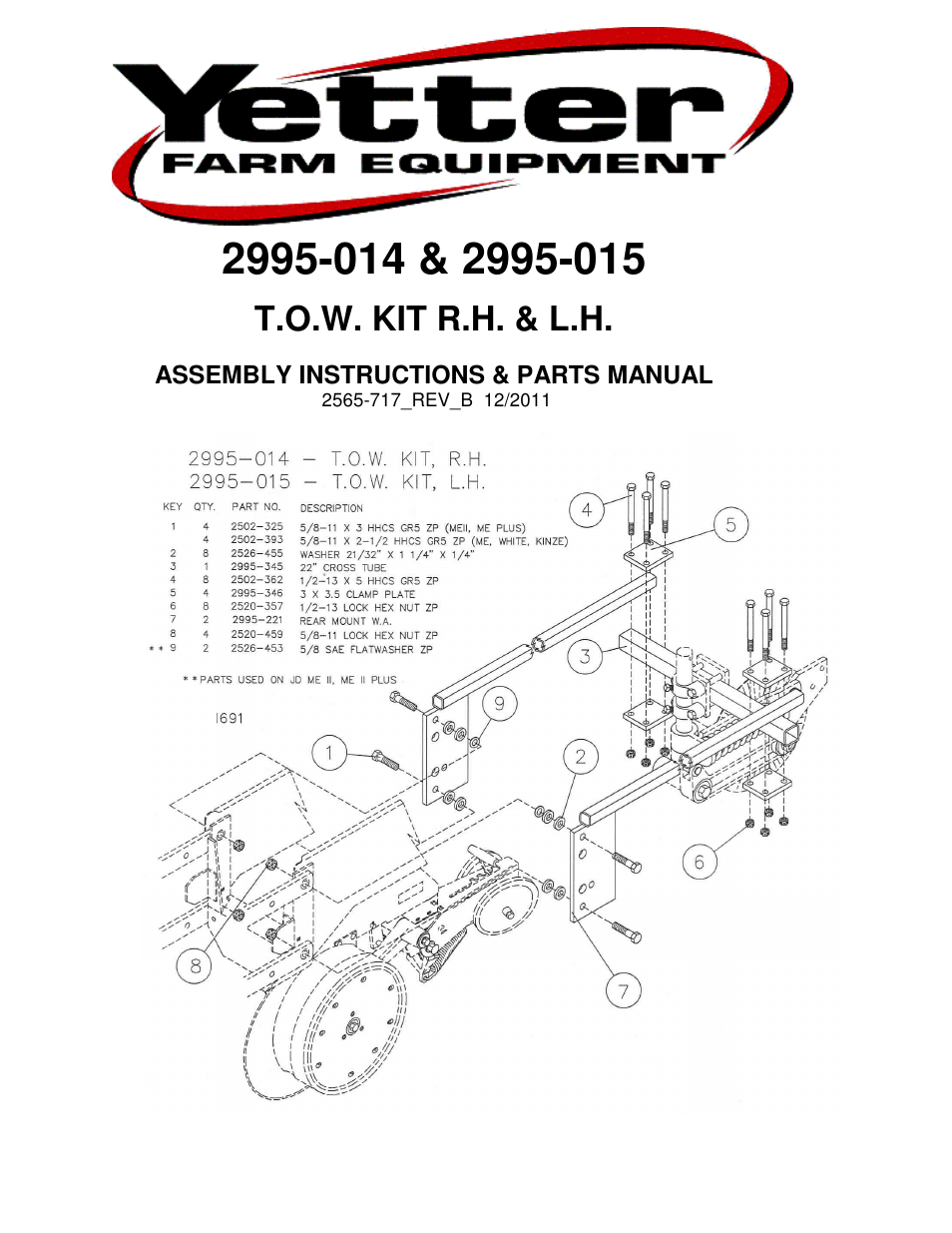 Yetter 2995-014 T.O.W. KIT R.H. & L.H. User Manual | 8 pages