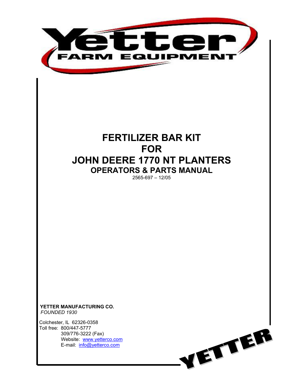 Yetter 2995-170 Fertilizer Bar Kit for John Deere 1770 NT Planters User Manual | 8 pages