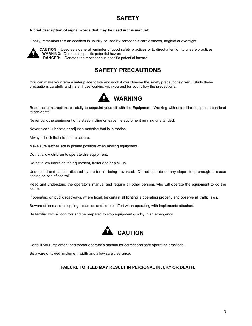 Safety, Safety precautions, Warning | Caution | Yetter 2995-170 Fertilizer Bar Kit for John Deere 1770 NT Planters User Manual | Page 3 / 8