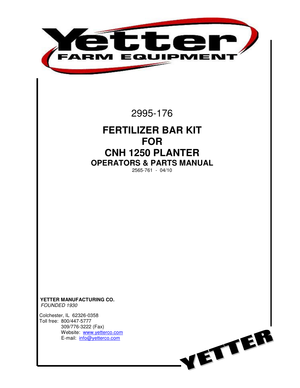 Yetter 2995-176 Fertilizer Bar Kit For CNH 1250 Planter User Manual | 12 pages