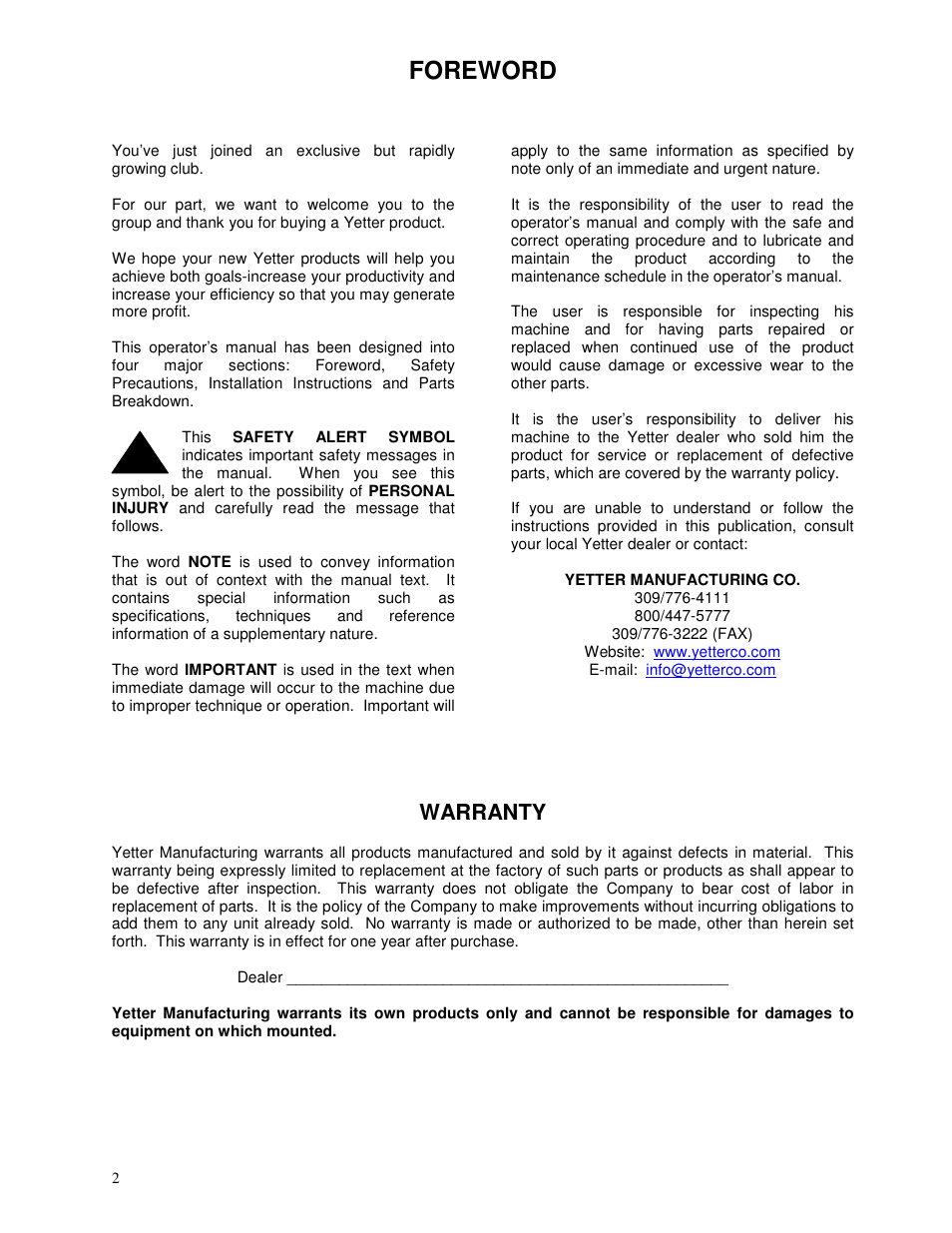 Foreword, Warranty | Yetter 2995-176 Fertilizer Bar Kit For CNH 1250 Planter User Manual | Page 2 / 12