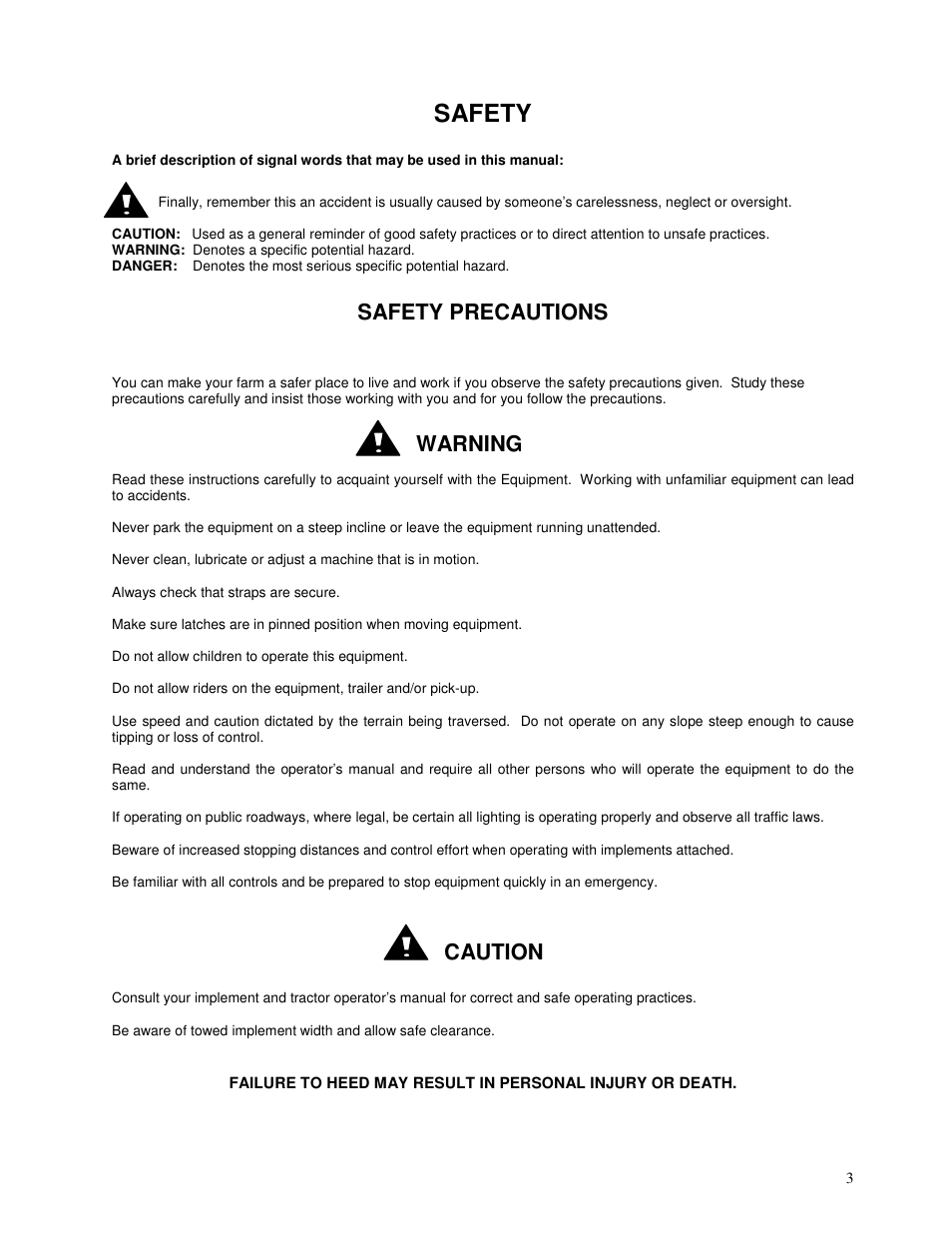 Safety, Safety precautions, Warning | Caution | Yetter 2995-176 Fertilizer Bar Kit For CNH 1250 Planter User Manual | Page 3 / 12