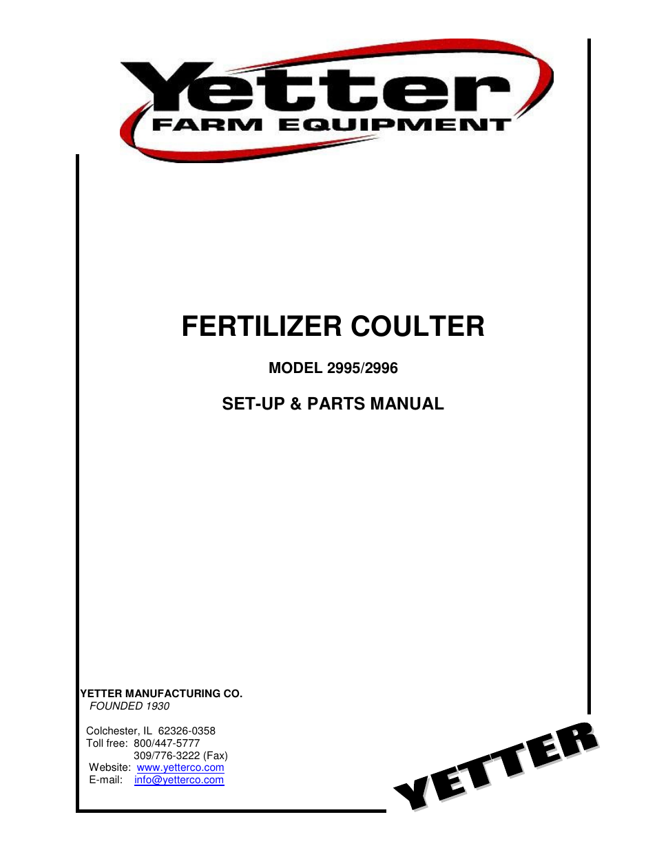 Yetter 2996 Fertilizer Coulter User Manual | 20 pages