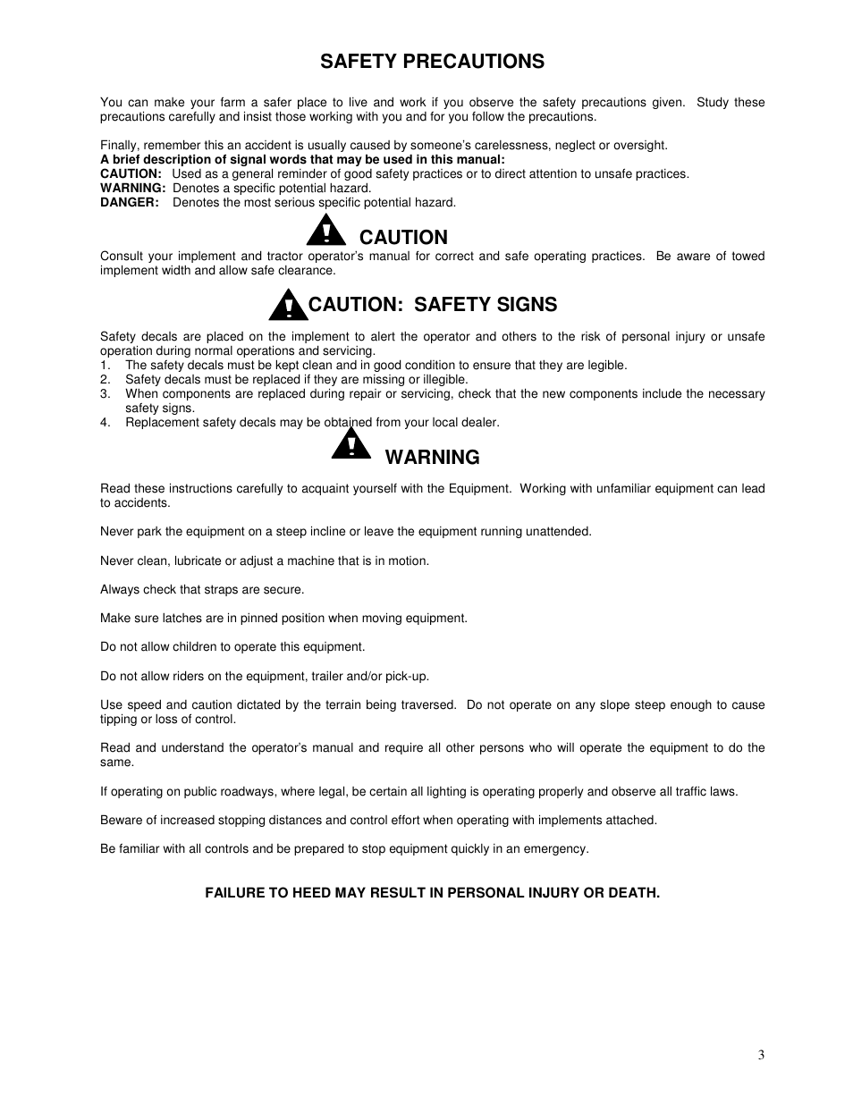 Safety precautions, Caution, Caution: safety signs | Warning | Yetter 3000 Series Viper II Fertilizer Coulter User Manual | Page 3 / 36