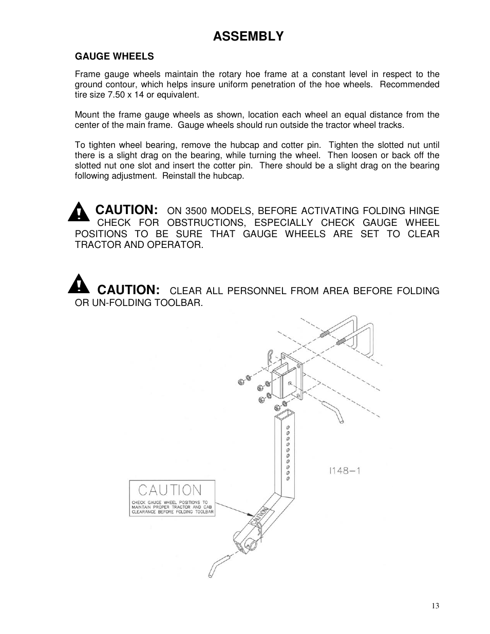 Assembly, Caution | Yetter 3500 Series Toolbar Rotary Hoe User Manual | Page 13 / 36