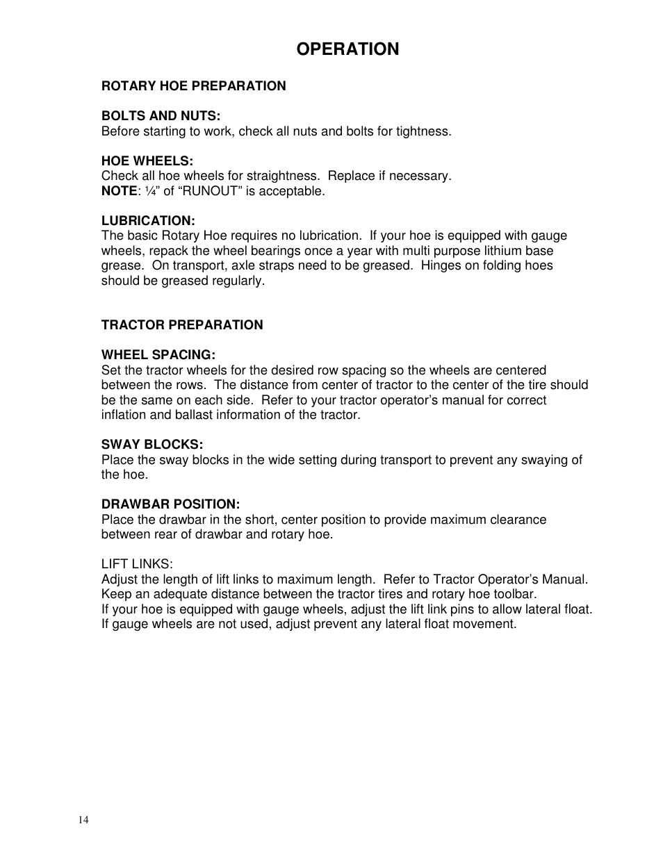 Operation | Yetter 3500 Series Toolbar Rotary Hoe User Manual | Page 14 / 36