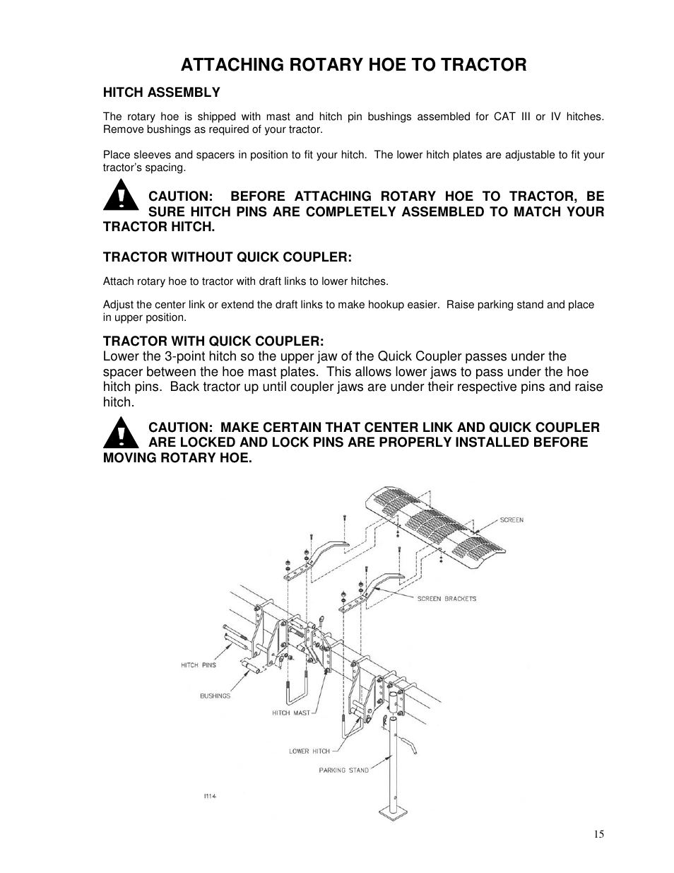 Attaching rotary hoe to tractor | Yetter 3500 Series Toolbar Rotary Hoe User Manual | Page 15 / 36