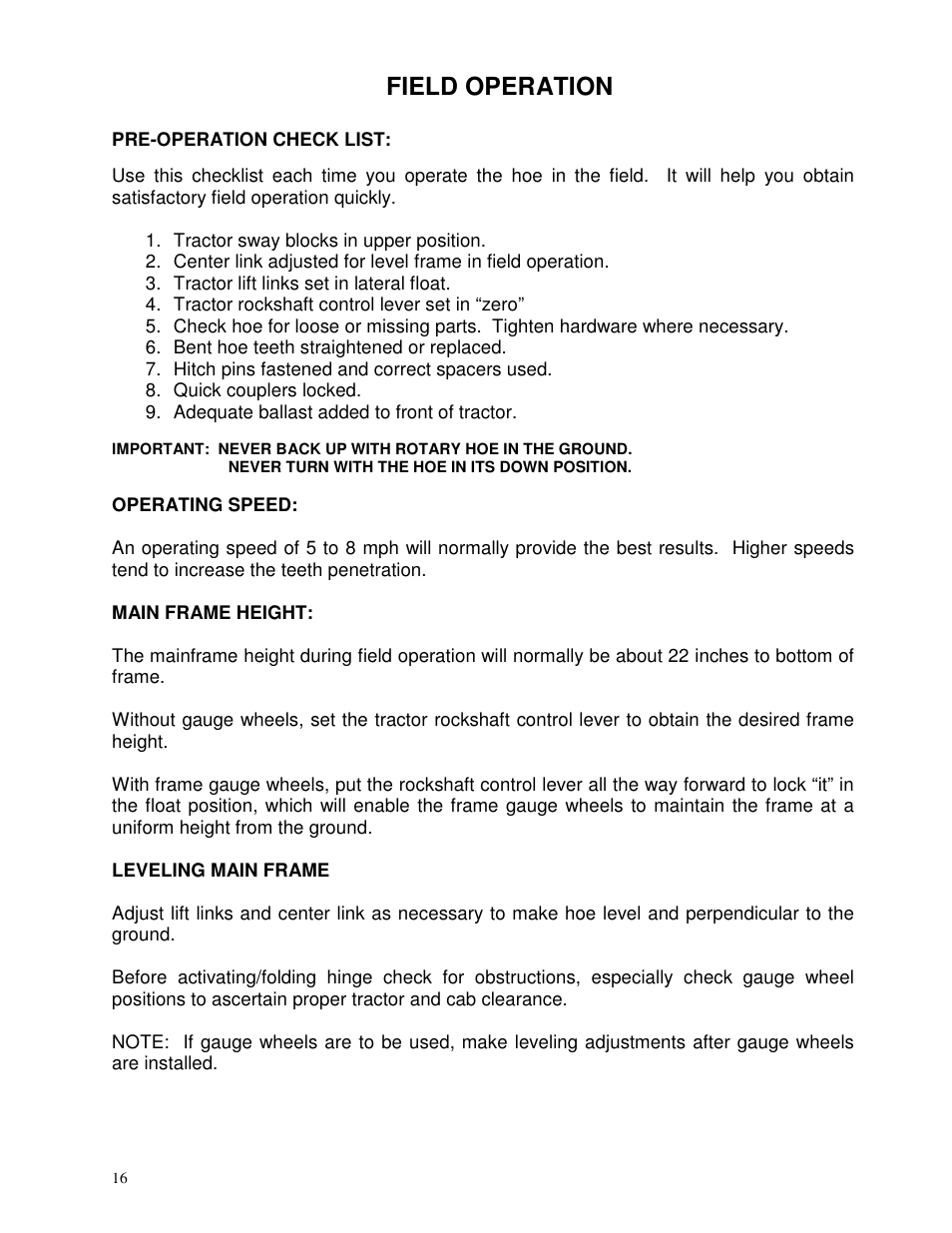 Field operation | Yetter 3500 Series Toolbar Rotary Hoe User Manual | Page 16 / 36