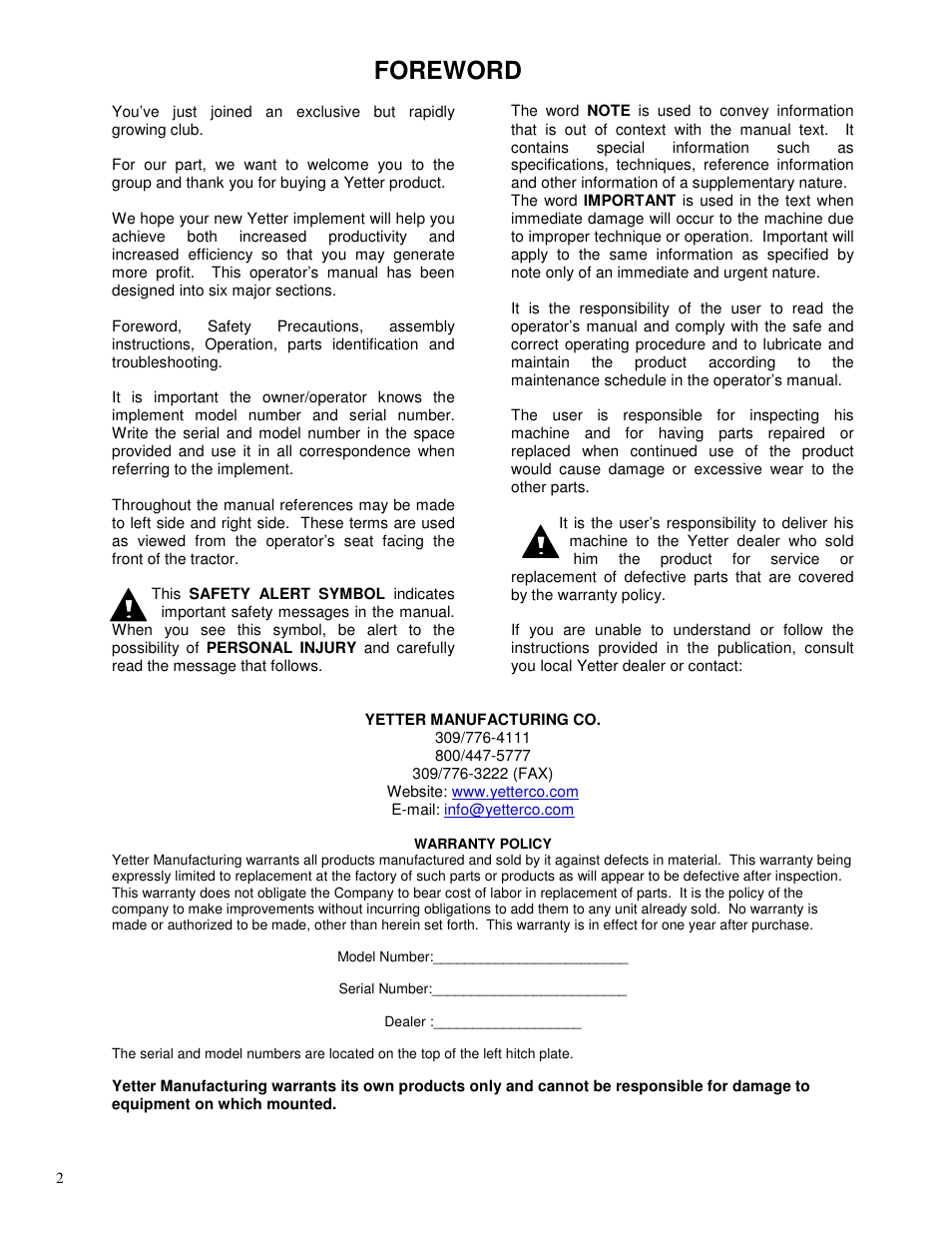 Foreword | Yetter 3500 Series Toolbar Rotary Hoe User Manual | Page 2 / 36